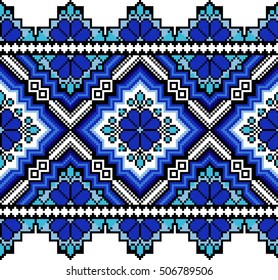 Vector abstract seamless pattern ribbon embroidery traditional folk art pixel art style, type 3, blue-black
