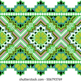 Vector abstract seamless pattern ribbon embroidery traditional folk art pixel art style, type 3, green-violet-black