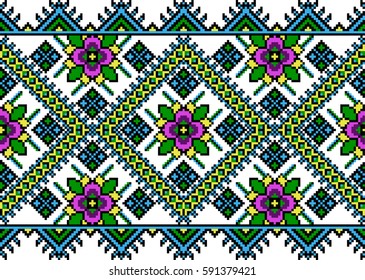 Vector abstract seamless pattern ribbon embroidery traditional folk art pixel art style, type 4 , blue-violet