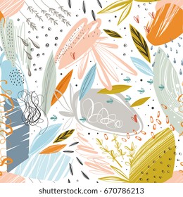 Vector abstract seamless pattern with scribble textures and doodle floral elements.