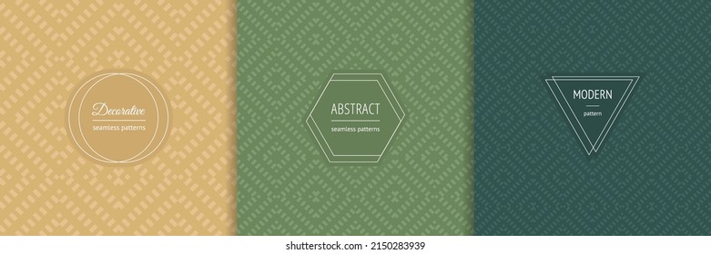 Vector abstract seamless pattern set with stylish labels, badges. Geometric graphic backgrounds in ethnic style. Simple tribal ornaments. Modern design templates in trendy colors, yellow, green, teal 