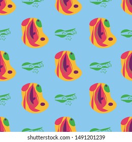 Vector abstract seamless pattern. Shapes. Bright colors. Geometric. Colourful memphis design. Blue background. Yellow, red, green. Unusual form. Strange repeat backdrop. Artistic. Pop art