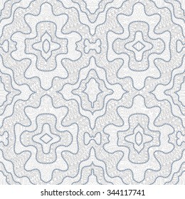 Vector abstract seamless pattern from silver grey and white hand drawn outline geometrical ornaments, wavy stripes and fantasy star, snowflake.Textile wavy patchwork print. Coloring book page