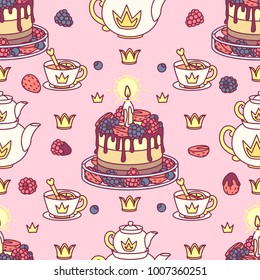 vector abstract seamless pattern. Simple Little Princess concept for girl. Fill drawing illustration. Cute childish fabric background. Print art graphic backdrop texture. Wrapping design for kids 086
