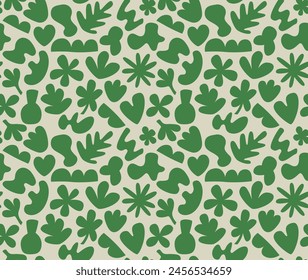 Vector abstract seamless pattern with simple organic shapes. Doodle style background in green and gray 