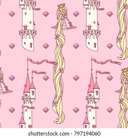 vector abstract seamless pattern. Simple Little Princess concept for girl. Fill drawing illustration. Cute childish fabric background. Print art graphic backdrop texture. Wrapping design for kids 080