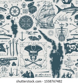 Vector abstract seamless pattern with skull, crossbones, pirate flag, swords, guns, caravels, old map and other nautical symbols. Vintage background with hand-drawn sketches, ink blots and stains