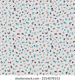 Vector abstract seamless pattern with skull, crossbones, pirate flag, swords and other nautical symbols. Vintage background with hand-drawn sketches, ink blots and stains.