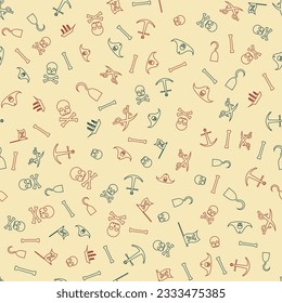 Vector abstract seamless pattern with skull, crossbones, pirate flag, swords and other nautical symbols. Vintage background with hand-drawn sketches, ink blots and stains. svg