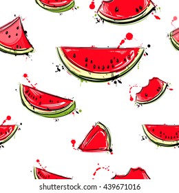 Vector abstract seamless pattern with slices of watermelon. Vegan. Juicy fruit. Summer bright illustration.