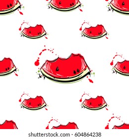 Vector abstract seamless pattern with slices of watermelon. Vegan. Juicy fruit.