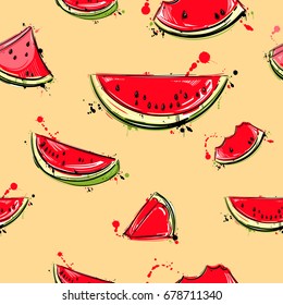 Vector abstract seamless pattern with slices of watermelon. Vegan. Juicy fruit.

