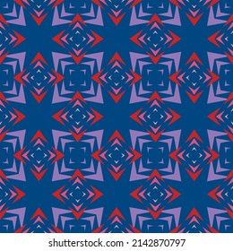 Vector abstract seamless pattern with small diamond shapes, triangles, squares, arrows, stars. Ethnic style colorful floral geometric texture. Simple background in blue, red, pink and purple color