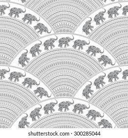 Vector abstract seamless pattern from small elephant grey silhouette with decorative ethnic ornaments on a white background. Regular fan shaped ornamental elements