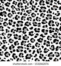 Vector Abstract Seamless Pattern Of Snow Leopard Or Ounce Predatory Print. Modern Animal Fur Fashion Background. Realistic Leopard Monochrome Print. Exotic Wild Animal Skin Pattern For Textile, Decor.