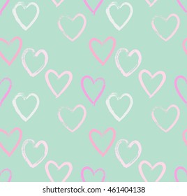Vector abstract seamless pattern. Soft color stroke hearts painted by dry brush. Textured hand drawn symbols isolated on cyan background. 