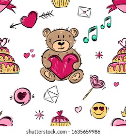 Vector abstract seamless pattern for St. Valentine's Day. Hand drawing