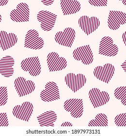 Vector abstract seamless pattern with striped hearts. Repeatable Valentine's day background -  creative design. Pink fashion love print.