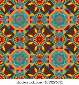 Vector abstract seamless pattern, stylized pattern background, tiles pattern in orange, blue and brown colors.