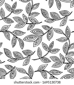 Vector abstract seamless pattern. Stylized floral elements, fantastic flowers, leaves. Black and white hand drawn textile bohemian print. Batik, wallpaper, wrapping