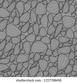 Vector abstract seamless pattern. Stylized oval flower elements, fantastic flowers, leaves. Black and white hand-drawn textile print.