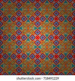 Vector abstract seamless pattern, stylized pattern background, tiles pattern in blue, red and orange colors.