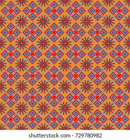 Vector abstract seamless pattern, stylized pattern background, tiles pattern in red, blue and orange colors.