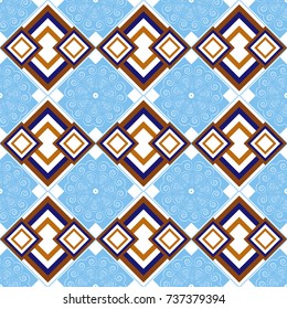 Vector abstract seamless pattern, stylized pattern background, tiles pattern in white, brown and blue colors.