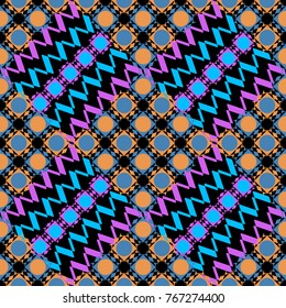 Vector abstract seamless pattern, stylized pattern background, tiles pattern in blue, magenta and black colors.
