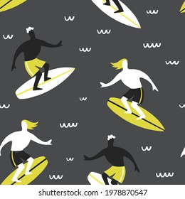 Vector abstract seamless pattern with surfers on surfboards and sea waves on black background. Summer illustration for swimwear, shorts and other fabrics in modern simple style. Beach style.
