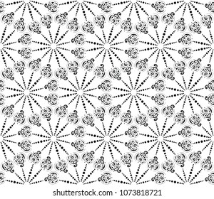 Vector abstract seamless pattern with swirls and dots . Vector background. Decorative background. Seamless abstract pattern in black and white.