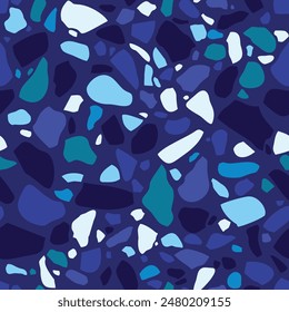 Vector abstract seamless pattern. Terrazzo floor tile imitation, stone texture. Ultramarine color mosaic of marble chips. Trendy design for wrapping, backgrounds, wallpaper