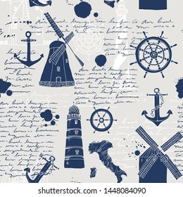 Vector abstract seamless pattern,  theme of travel and adventure, old manuscript, text, lighthouses, wind mills, ship wheels, anchors and other nautical symbols, vintage background