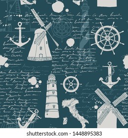 Vector abstract seamless pattern,  theme of travel and adventure, old manuscript, text, lighthouses, wind mills, ship wheels, anchors and other nautical symbols, vintage background