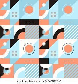 Vector abstract seamless pattern in trendy modern minimal style with geometric shapes and stripes - design templates for packaging, banners, prints and posters in blue and orange colors