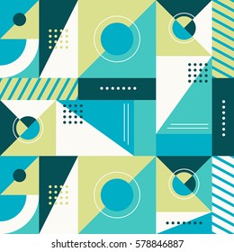 Vector abstract seamless pattern in trendy modern minimal style with geometric shapes and stripes - design templates for packaging, banners, prints and posters in green and blue colors