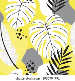 Vector abstract seamless pattern with tropical palm leaves monstera and banana in yellow colors. Summer illustration for swimwear, shorts and other fabrics in modern simple style.