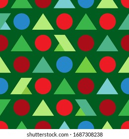Vector abstract seamless pattern of uniformly arranged multicolored triangles, circles and abstract shapes on a green background.