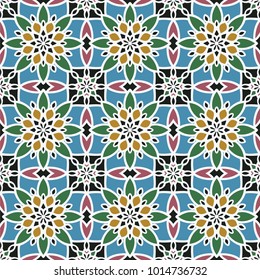 Vector Abstract Seamless Pattern. Vintage Color Geometric East Ornament Pattern. Islamic, Arabic, Indian, Bohemian, Gypsy, Persian, Ottoman Motifs, Kaleidoscope. Ethnic decorative element. Boho Style.