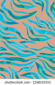 Vector abstract seamless pattern. Watercolor doodle figures made of stained ribbons. Water waves imitation. Zebra skin texture illusion. 