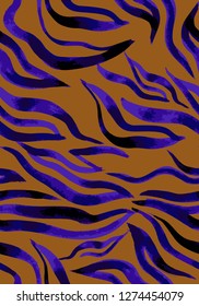 Vector abstract seamless pattern. Watercolor doodle figures made of stained ribbons. Water waves imitation. Zebra skin texture illusion. 
