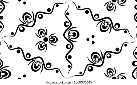 Vector abstract seamless pattern with waves and circles. Vector background with lines and rounds. Decorative background. Seamless abstract pattern in black and white.