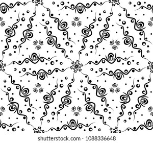 Vector abstract seamless pattern with waves and circles. Vector background with lines and rounds. Decorative background. Seamless abstract pattern in black and white.