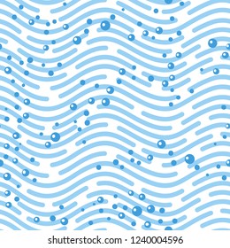 Vector abstract seamless pattern with waves and bubbles. Blue sea under water background 