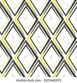 Vector abstract seamless pattern whit drawn by brush rhombuses.Modern stylish texture.White,black and yellow