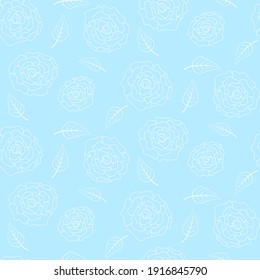 Vector - Abstract seamless pattern of white rose and leaves outline on blue background. Mother day. Can be use for print, paper, wrapping, fabric, origami.