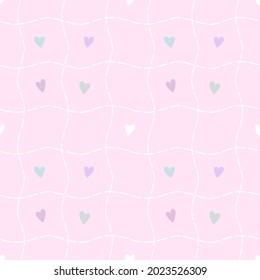 Vector - Abstract seamless pattern of white curve line and mini heart on pink background. Pastel color. Can be use for print, paper, fabric, wrapping, origami, card, wed. Valentine's, Wedding.