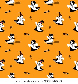 Vector - Abstract seamless pattern of white ghost with broom, bat and candy flying on orange background. Halloween season greeting. Holiday. Can be use for print, paper, wrapping.