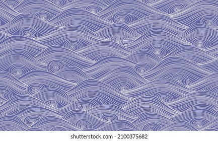 Vector abstract seamless pattern with white waves and spirals. The repeating Whirlpool are like eyes, Lines are like water. Drawn endless sea on a blue background for printing on paper or fabric.