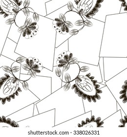 Vector abstract seamless pattern from white and black hand drawn Ikat and geometrical ornaments, wavy stripes and fantasy leaves with flower. Textile patchwork vintage print